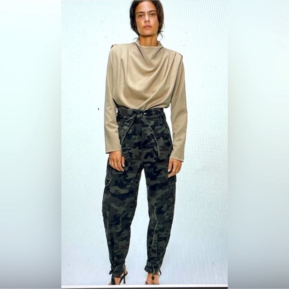 Zara The Joy PaperBag Pants Jeans Camo Denim Relaxed Fit Tapered Leg High waist - Picture 1 of 15
